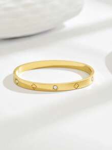 1 pieza Pulsera de acero inoxidable con elemento de trébol de lujo con diamante de imitación, joyería de mujer elegante y exquisita - Plateado - Ver 6