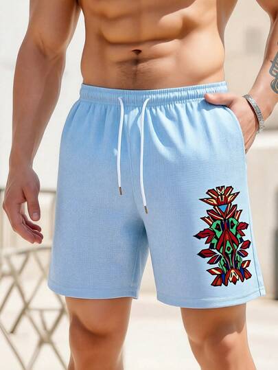 Men's Summer Vacation Graphic Print Drawstring Waist Waffle Texture Beach Shorts