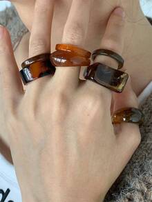 CHOSHILAR 7pcs/Set Asymmetrical Wide Transparent Dyeing Thick Circle Ring Set, Marble Printed Round Finger Ring, Wide Asymmetrical Open Ring (Due To The Hand-Dyeing Process, Each Ring Has A Unique Pattern And Some Color Differences) - 7-piece Vintage Ring Set - View 8