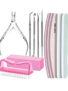 12PCS Manicure And Pedicure Tools Kit, Nail Files 12/Set 100/180, Nail Buffer Block, Nail Cuticle Nippers, Cuticle Pusher, Cuticle Peeler, Nail Lifter For Ingrown Toenails, Toenail File, Nail Brush -Pink - Multicolor - View 6