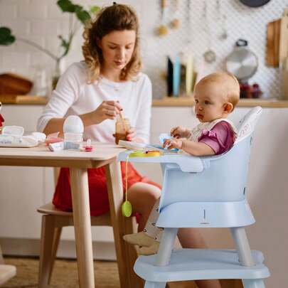  COSTWAY 6-In-1 Baby High Chair, Convertible Infant Feeding Chair/Dining Booster Seat/Kids Table & Chair Set/ Toddler Building Block Table/ Kids Stool W/ 5-Point Harness, Removable Tray & Cushion, Navy
