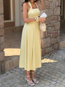 Unadoll 女士夏季休闲性感露背吊带连衣裙，荷叶边设计，优雅迷人，适合约会、度假、情人节、生日和派对等场合。 - 黃色 - 查看 7