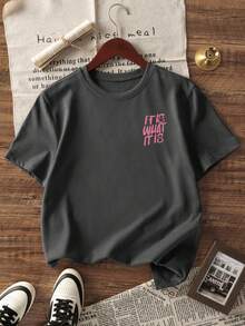 1pc Girls Casual Round Neck Short Sleeve T-Shirt With Colorful English Letter Print, Brings Joy And Happiness To Every Child, Summer Student Wear - Dark Grey - View 4