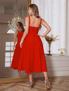 Women's Solid Color Spaghetti Strap Bodycon Maxi Dress With High Thigh Split & Adjustable Back Tie, Perfect For Summer Vacation, Beach, Cocktail Parties, Garden Leisure & Travel - Bright Red - View 6