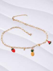 1件趣味水果吊坠项链，几何镂空链项链，可爱草莓、菠萝、苹果吊坠，创意锁骨链 - 彩色 - 查看 7