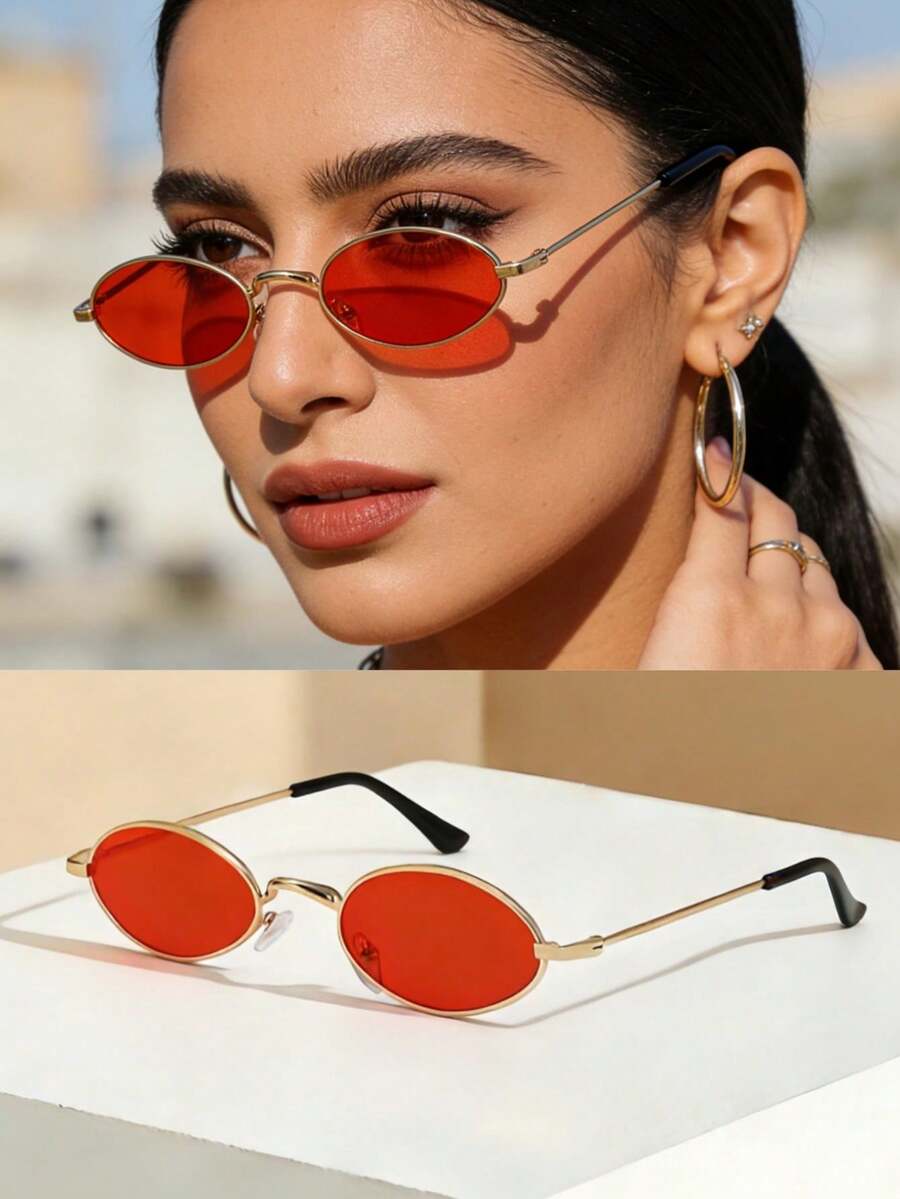 1pc Metal Decorative Fashion Glasses For Women, High-Quality Summer Accessory To Reduce Sunlight Intensity, Suitable For Daily Wear - Red - View 1