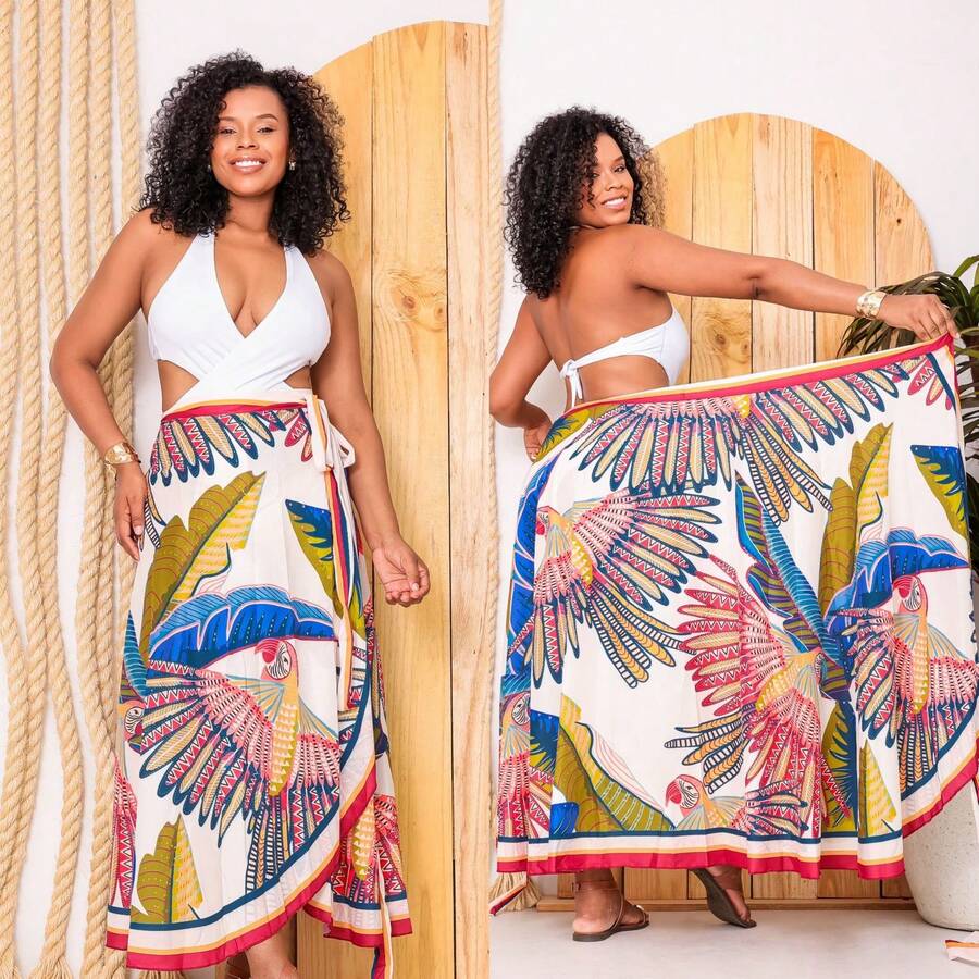 Beach Cover-Up, Pareo Skirt, Printed Silk Beach Wrap, Wrap-Style Cover-Up - 金剛鸚鵡的飛行 - 查看 1