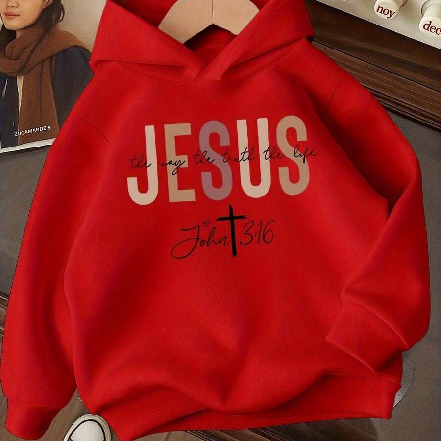 Moletom Canguru com Capuz de Outono e Inverno, Confortável, Apresentando uma Estampa do Amor de Jesus Para meninas - Vermelho - Visão 1