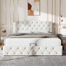 Polsterbett, Doppelbett, Hydraulisches Funktionsbett, Continentalbett, Höhenverstellbares Kopfteil, Lychee-Muster, Synthetisches Leder, 140 X 200, White - White - View 5