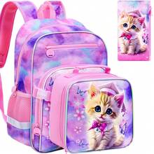 Tres piezas con estampado de gato rosa, equipado con una bolsa de almuerzo y un estuche para lápices. La bolsa de almuerzo se puede sujetar a la mochila. Adecuado para la escuela, los viajes y las mochilas de los niños. - Mochila - Ver 2
