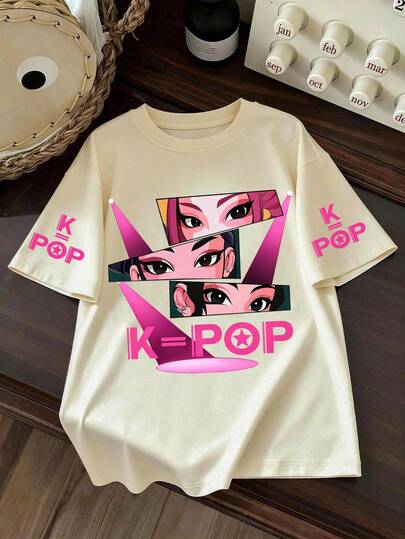 1pc Girls' Pink Short Sleeve Printed T-Shirt, Soft Fabric, Suitable For Girls' Daily School Wear In Spring/Summer