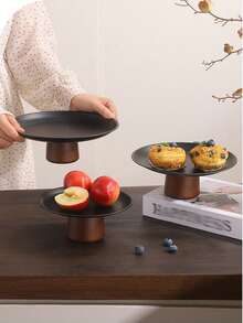 1pc Stainless Steel Tray Stand With Wooden Base, Dessert & Candy Display Plate, Multipurpose Fruit Tray, Suitable For Dining Table Decor, Home And Kitchen Serving Platter, Ideal For Eid - Black - View 9
