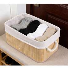 1-Pack Bamboo Storage Basket With Linen Liner - 3 Size Options , Natural Bamboo Frame With Soft Linen Lining, Built-In Rope Handles, Ideal For Organizing Towels, Toys, Clothes And Home Essentials - Beige - View 2
