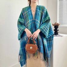 Women Shawls - Wave-shaped Tassel Shawl - Cyan - View 4