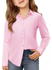 Adolescent Long Sleeve Button Down Shirt - School Uniform Dress Shirt - Pink - View 2