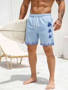 男士休闲海龟印花抽绳腰华夫格沙滩短裤，夏季 - 彩色 - 查看 1