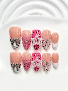10件套法式亚克力美甲套装，包含亚克力美甲贴纸、白色镂空星星、银色蝴蝶结美甲装饰、手绘纯色波浪纹、黑色树枝图案、粉白指甲油，适合作为送给女性和女孩的美甲礼物，配有美甲工具（1个果冻贴纸+1个指甲锉），三种尺寸：方形、杏仁形、短方形，手工制作的按压式美甲贴片。 - 彩色 - 查看 3