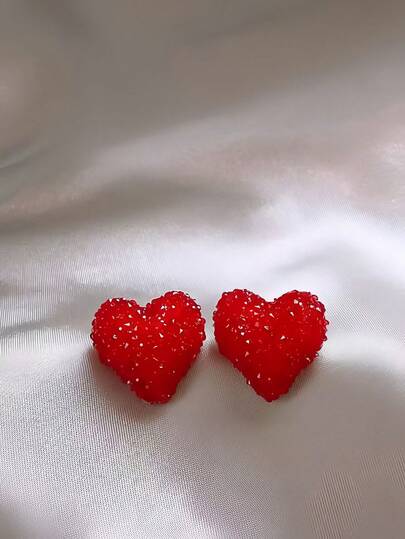 1 Pair Luxury Red Fully Rhinestoned Heart Earrings, Suitable For Accessories, Wedding Gifts, Bridal Season