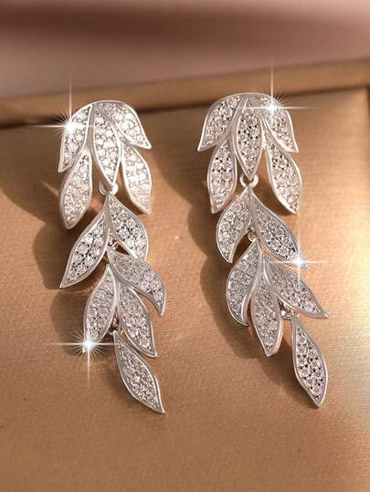 1 Pair Luxury Elegant AAA Cubic Zirconia Wrapped Leaf & Flower Dangle Earrings For Women, Suitable For Weddings And Gifts