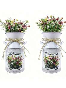 Jarrón de hierro forjado retro, jarrón de flores con estampado "Bienvenido" de estilo campestre, jarrón decorativo con doble asa de cuerda para arreglos florales, adecuado para ramos de flores realistas, cubeta de flores, pieza de decoración floral de escritorio del hogar, recipiente de decoración suave de estilo nórdico - 1PC - Ver 7