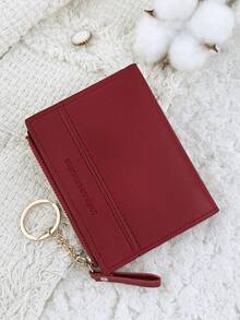 With A Chain Keychain,Wine Red Letter Detail Fold Over Small Wallet Pocket Wallet Small Purse Bifold Slim Women Wallet Lightweight Portable Credit Card Key Case Short Wallet Cute Modern Fashion For Birthday Gift Christmas Anniversary Women Girls Lady,Business,For Anniversary,For Christmas,On Valentine Day,For Birthday Gift,For Gift,For Lover For Women,For Girls,For Lady,For Female,Bag School Supplies For School Dorm Room & Back To School - Burgundy - View 6