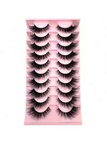 10对3D蓬松貂毛假睫毛，D卷翘猫眼假睫毛，自然纤细黑色睫毛杆，可重复使用，日常佩戴 - 黑色 - 查看 7