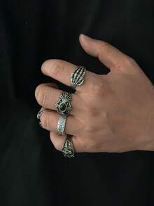 5pcs/Set Gothic Style Skull Gemstone Rings, Unique Hiphop Personalized Rings Jewelry Set For Men, Charm Jewelry Gift - Skull Wings Ring - View 3