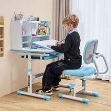 Kids Study Chair And Desk Set, Study Desk And Chair For Kids With Bookshelf & Storage Drawer, Adjustable Height & 0-40° Tilted Desktop Desk And Chair, Study Table For Bedroom & Study Room, Blue - Blue - 20.5 to 43.5 Inches - View 9