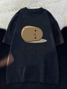 Women's Casual Loose T-Shirt With "I'm Just A Potato" Cartoon Design - Soft And Breathable, Round Neck, Short Sleeve, White, Perfect For Spring And Summer, Everyday T-Shirt With Humorous Pattern, Comfortable Fit - màu đen - Xem 12