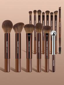 MAANGE 14/15pcs Makeup Brush Set, Includes Foundation Brush, Face Brush, Powder Brush, Blush Brush, Concealer Brush, Contour Brush, Nose Shadow Brush, Highlighter Brush, Eyeshadow Brush, Brow Brush, Detail Brush, Suitable For Liquid, Cream And Powder, Free Gift - Brown - View 12