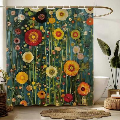 Pastoral Style Plant Printed Shower Curtain, Vintage Garden Bathroom Decor, Retro Natural Style Shower Curtain