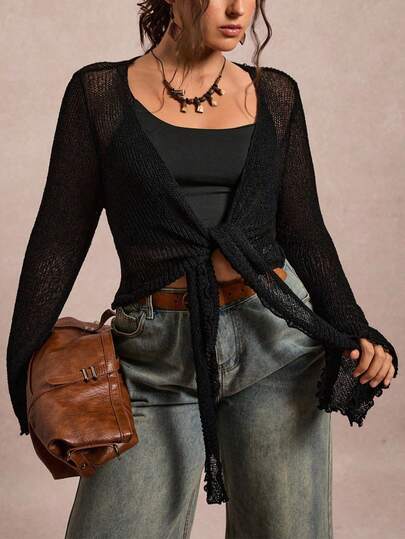 Plus Size Women Knitted Long Sleeve, Tie-Front Hollow Out Loose Blouse, Casual Daily Wear Black Summer