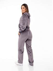 Women's Plus Size Sets In Velvet Plush Fabric, Blouse With Zipper And Basic Pants HZ-Con-001 - Gris Claro - Ver 2