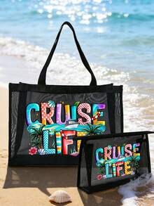 1/2 Cruise Life 图案字母印花网眼手提袋，可作洗漱包，大容量手提包，送给女孩的礼物，母亲节礼物，可折叠轻便，适合个人旅行化妆品收纳，易于清洁，旅行必备，生日礼物，教师节礼物，情人节礼物，圣诞节礼物，感恩节礼物 - 彩色 - 查看 8