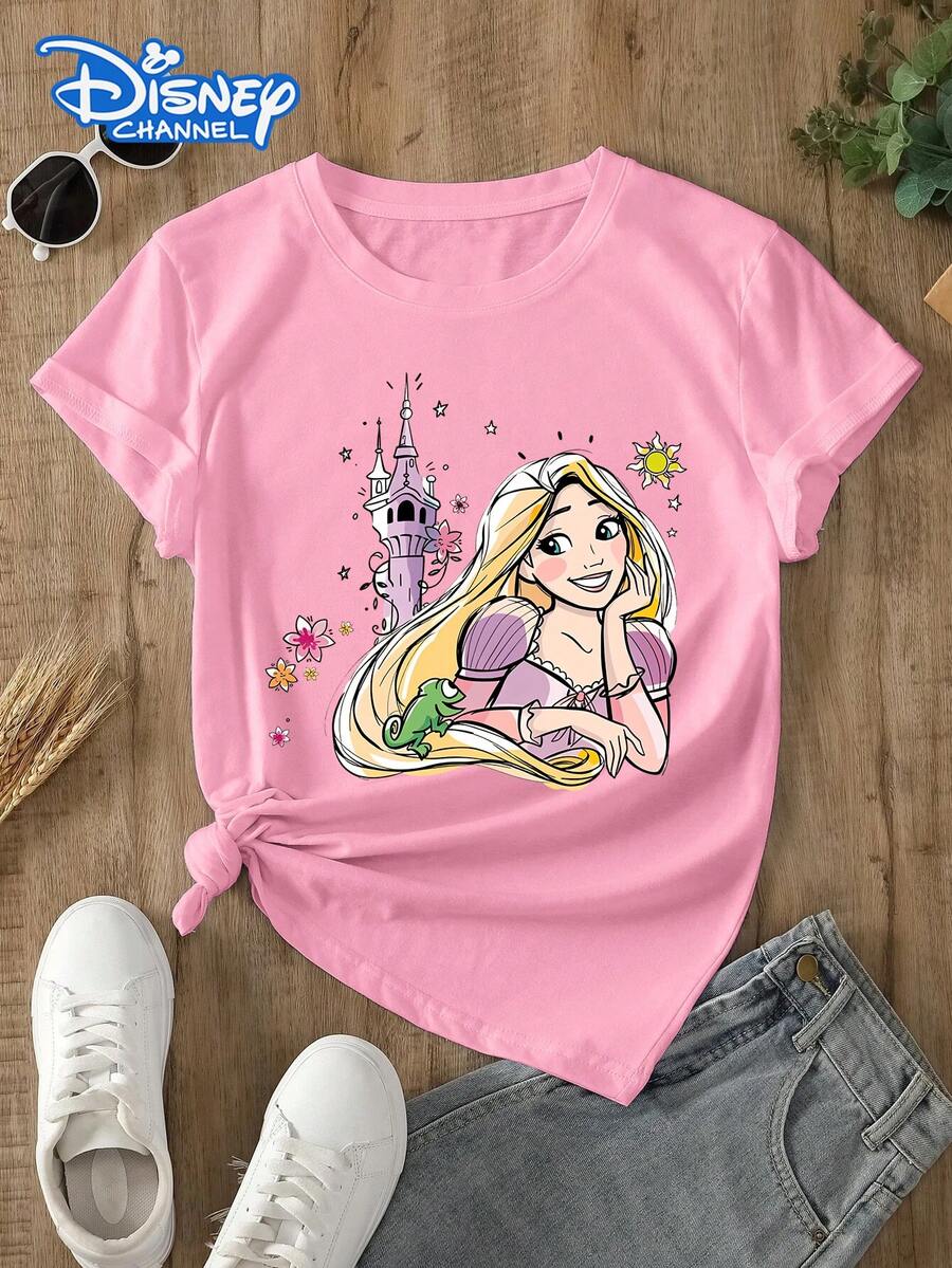 Disney Lady's T-Shirt, Featuring The Cartoon Pattern Of Disney's Princess Rapunzel. The Fabric Is Soft, Comfortable And Durable. This Is A Summer/Winter Women's Round-Neck T-Shirt, Suitable For Daily Wear, Going Shopping, Parties, And Gatherings. It Is Also More Suitable As A Daily Outfit Or As A Gift. - 粉色 - 查看 1