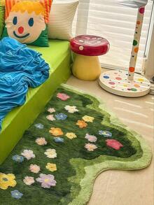 1块1000克加厚防起球花卉图案防滑柔软无异味装饰地毯，可爱花园风格毛绒地垫，适用于卧室、客厅、宠物区 - A - 查看 4