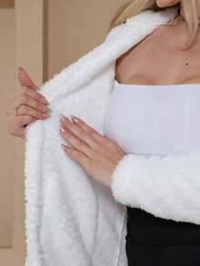 Plush Teddy Jacket/Blouse With Hood And Pocket. - White - View 4