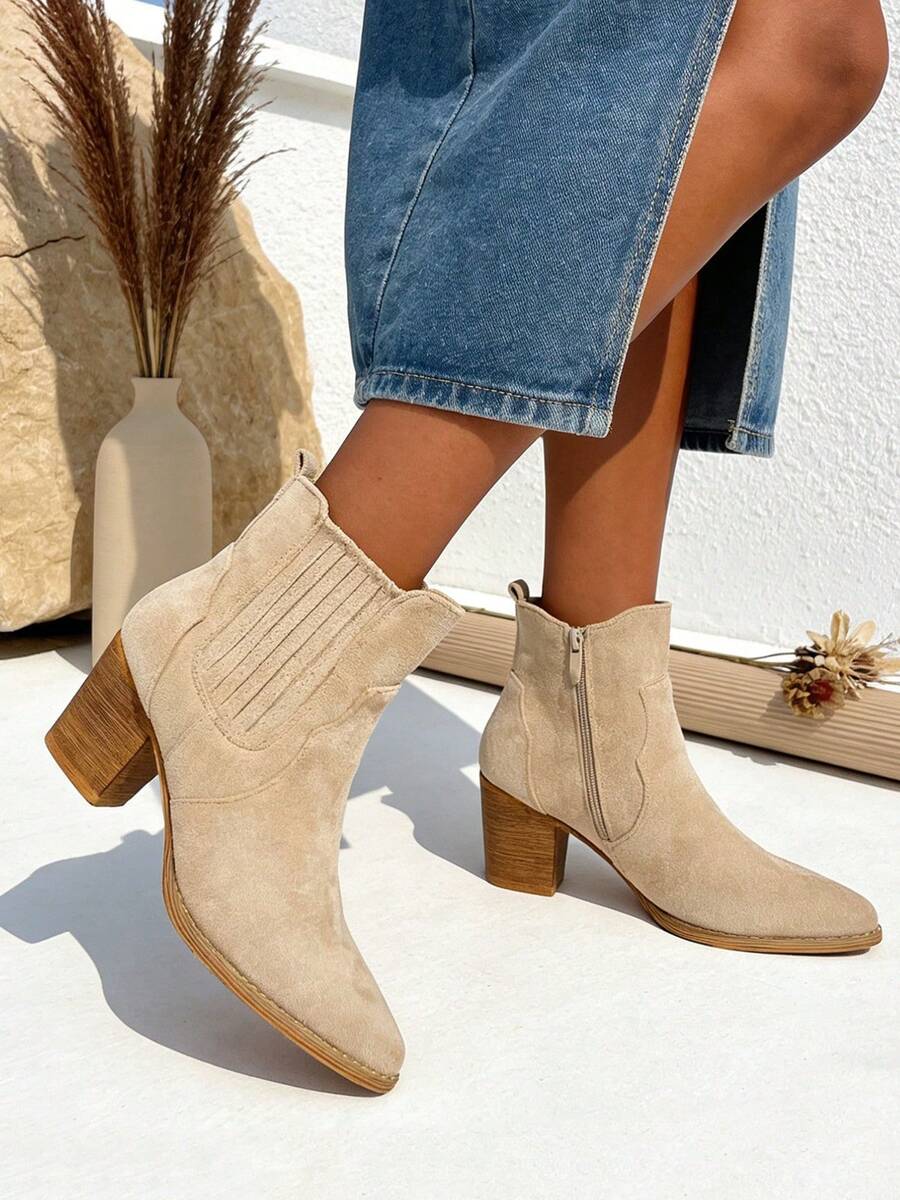 TULIPANO KESCA Women's Suede High-Top Chunky Heel Side Zipper Cowboy Style Classic Elastic Pointed Toe Fall Winter Low Ankle Boots - 米色 - 查看 1