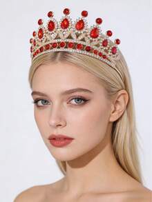 1pc Valentine's Day Red Crystal Rhinestone Tiara Gold Tone Bridal Crown - Red - View 1