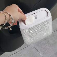 Sparkling Rhinestone Pink Car Trash Can, Creative Fashion Flip-Top Design, Mini Car Garbage Bin, Leak-Proof Car Trash Can, Multi-Purpose Storage & Organization Box, Suitable For Car, Home, Office (Pink) - Vehicle-mounted Trash Cans - View 2