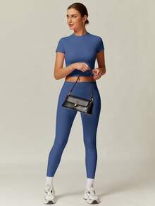 NcmRyu 一套女士圆领可拆卸垫肩紧身短袖上衣和打底裤运动服套装 - 藏蓝色 - 查看 5