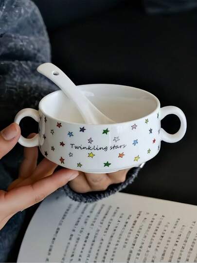 1pc Colorful Star Ceramic Double-Ear Bowl, Cute Colorful Star Yogurt Oatmeal Double-Ear Bowl, Retro Star Ramen Pasta Main Dish Double-Ear Bowl, Suitable For Restaurant, Living Room, Hotel, Dessert Shop