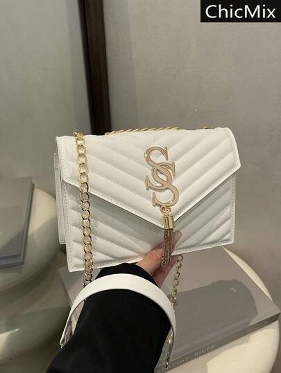 Women's Fashion Solid Color Embossed Chain Shoulder Bag, Suitable For Daily Commute, Travel, Shopping, And Strolling