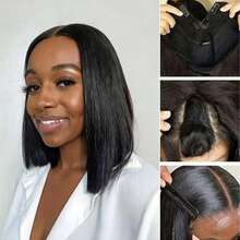 Silky Straight Glueless U Part Bob Wig, Remy Human Hair Bob Wig, Quick & Easy, 2 Minute U-Part Wig Install With Minimal Leave Out, No Sewing, Sleek Cut Straight Look, Glueless Full Head Clip In Half Wig - Natural Black - View 2
