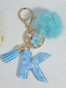 1pc Blue Heart Letter Keychain With Butterfly & Flower Decor, Women Bag Charm, Gift Keyring With Pom Pom Gifts For Mother, Father, Graduation, And Teacher - Baby Blue - View 29