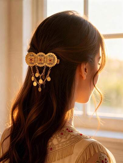 Herseygold 1pc Gold-Plated Middle Eastern Floral Pattern Women Hair Clip, Arabic Luxury Hair Accessory, Jewelry, Wedding/Festival Bridal Gift