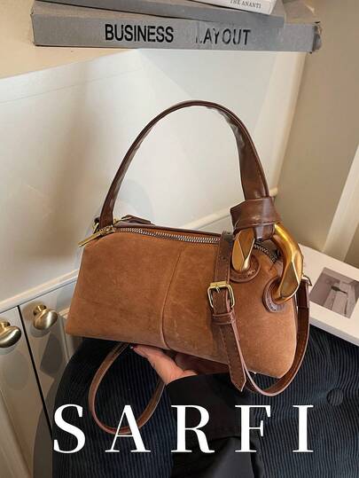 新款秋冬女士手提包，饰有独特五金配件；现代风格精致PU麂皮拼接撞色单肩包；高端百搭棕色通勤风可调节肩带斜挎包，适合购物旅行，实用轻便的托特包