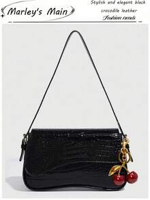 1pc Women Faux Leather Shoulder Bag, Black Crocodile Pattern Square Bag, Versatile Patent Leather Purse, Y2K Crossbody/Underarm Bag, Fashionable Sling Bag, With Cherry Pendant Charm - màu đen - Xem 7