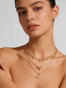 Collar de oro laminado para mujer con lazo de luna y estrella, cadena múltiple, joyería de Ramadán, regalo para el Día de la Madre, caja de regalo para ella. - Amarillo dorado 3 - Ver 3