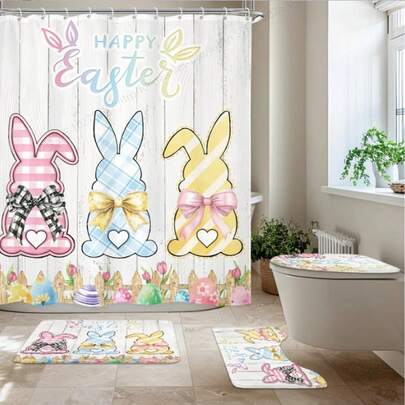 4-Piece Easter Set - Adorable Bunny, Colorful Eggs, Floral Country Holiday Art Waterproof Shower Curtain 71 Inches With 12 Hooks, Non-Slip Bathroom Mat, U-Shaped Toilet Cover, Home Decor